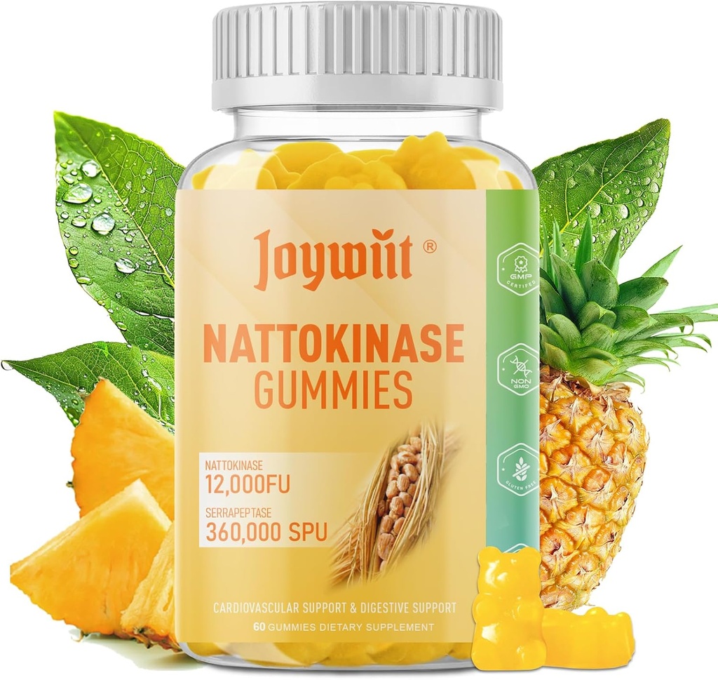 Nattokinase Gummies 12 000 FU, Serrapeptase Gummies 360 000 SPU Ensüümilisa koos Bromelain Papain & Inuliin tsirkulatsiooni, soolestiku, seedimise tugi, Vegan, Non GMO, 60 loendust