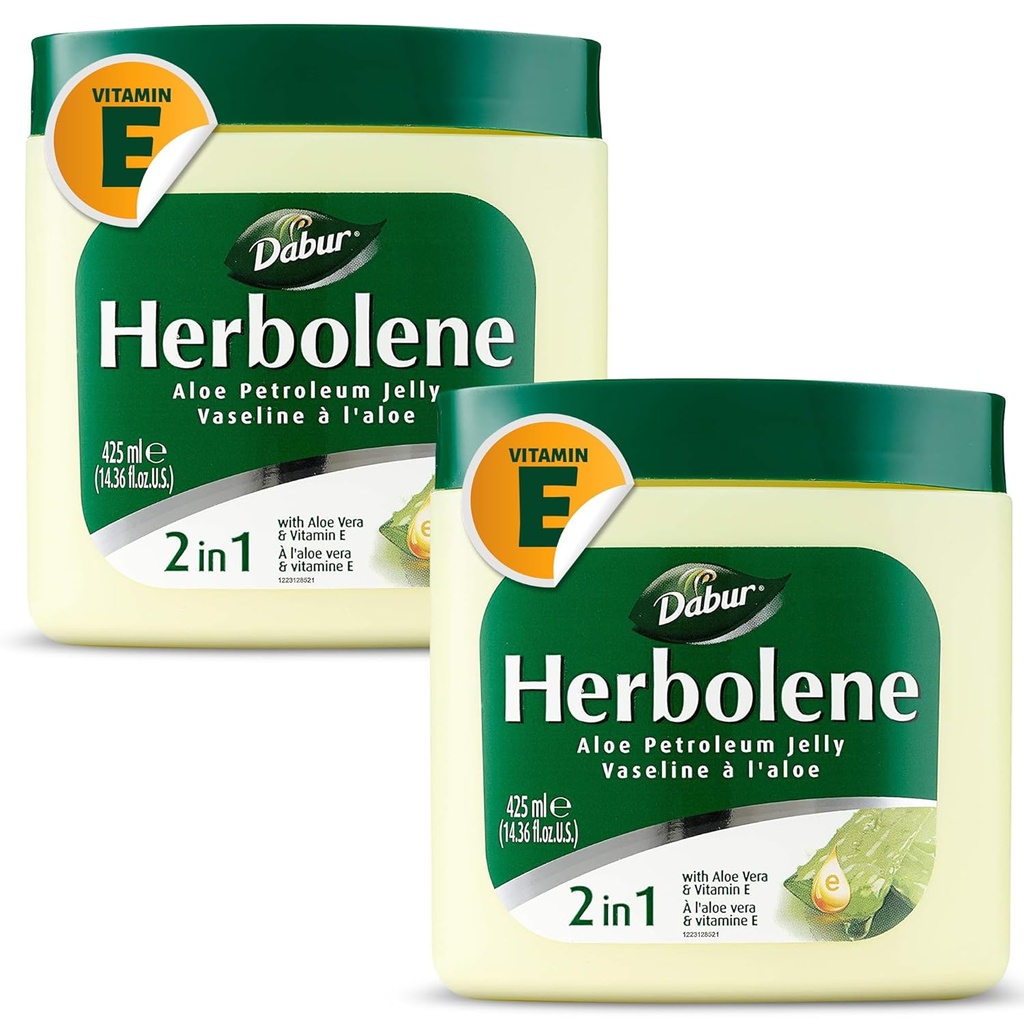 Dabur Herbolene Aloe Vera Gel Petroleum Jelly - täiustatud E-vitamiiniga sügavaks ja intensiivseks naha niisutamiseks - õrn tundlikule nahale - toitev õndsus ja kestev hüdratsioon - 425 ML (pakk 2)