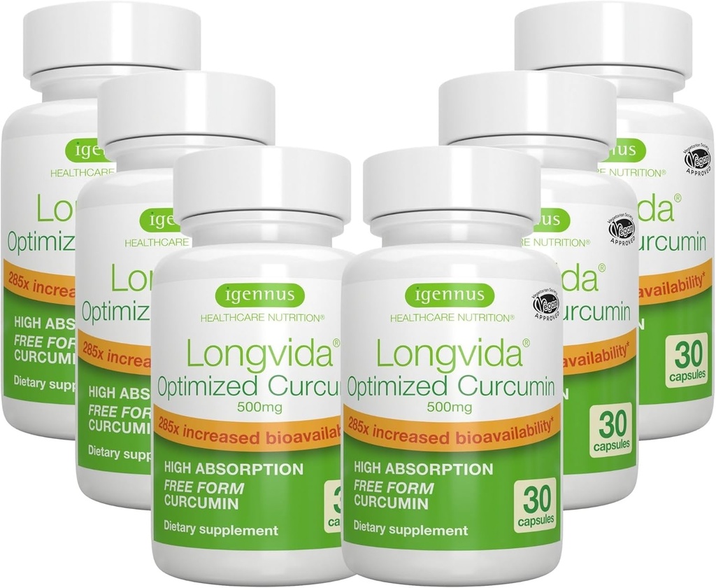 Igennus Longvida Lipidated Curcumin 500mg, Ultra Bioavailable & Jätkusuutlik Toime, 65x Kõrgem Plasma Tase, Intensiivne Toe, Vaba Vormi Kurkumiin, Vegan, 180 Kapslit