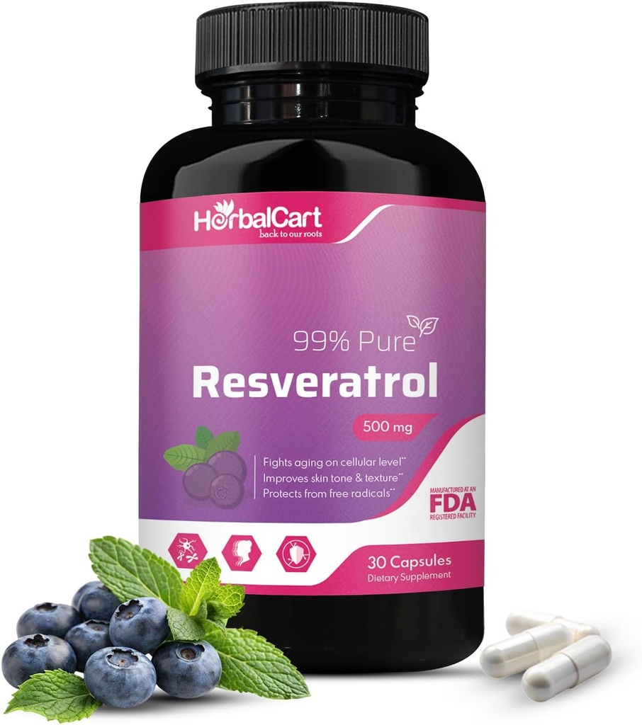 Puhas resveratrool 500mg - antioksüdant, tervislik vananemine ja südame tervise toetamine