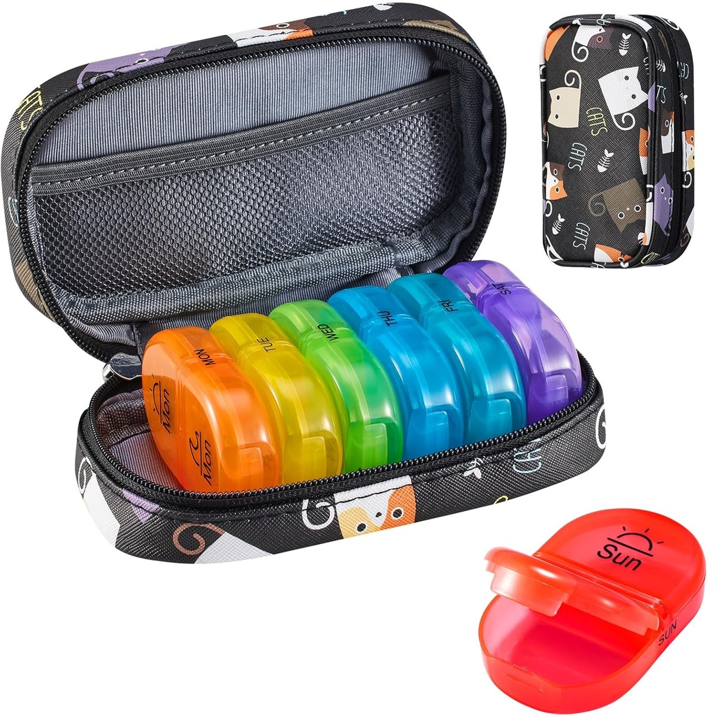 Serfeymi Weekly Travel Pill Korraldaja 2 korda päevas PM Täiustatud Vikerkaar Pill Box 7 päeva kaasaskantav Zipper PU Nahk pillid juhul, meditsiin Korraldaja pillid, vitamiinid, kalaõlid - Black 02