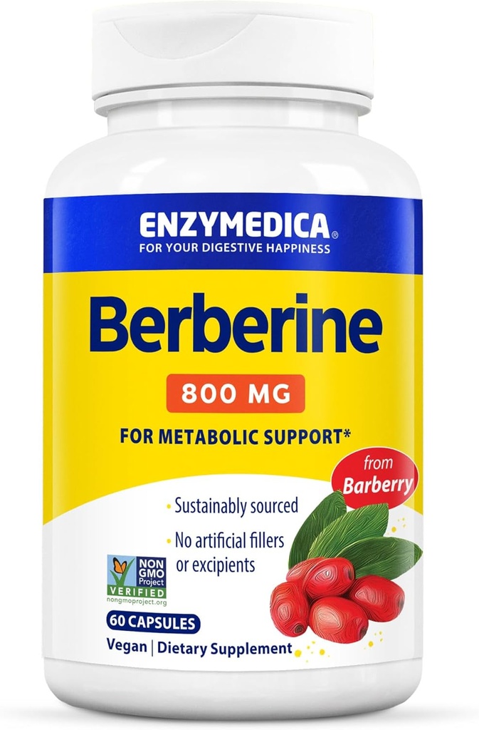 Enzymedica Berberine 800 mg – Vegankapslid metaboolseks toetuseks – jätkusuutlikult hangitud marjast – mitte-GMO, gluteenivaba, ei mingeid täiteaineid ega abiaineid – 60 kapslit