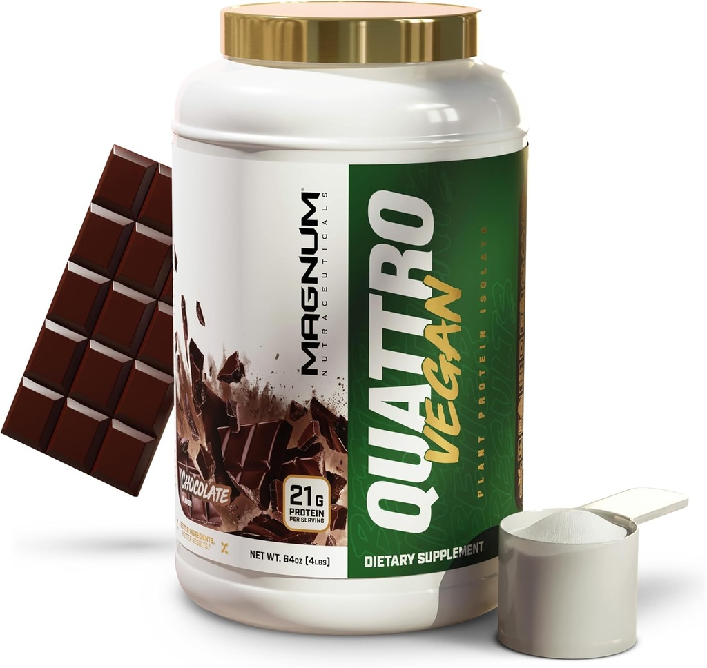 Magnum Nutraceuticals Quattro Vegan Valgu Pulber, Šokolaad 2lb – Premium Taimepõhine Valgu Pulber Isolaat lihaste kasvuks ja taastumiseks