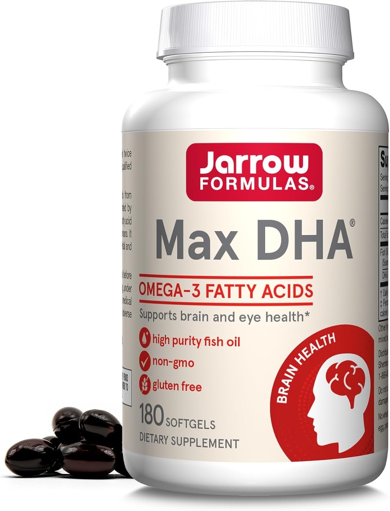 Jarrow valemid MaxDHA - 180 Softgels - kõrge puhtusastmega kalaõli - täiendus toetab aju ja silmade tervist - kontsentreeritud Omega-3 rasvhapetes ja rikastatud DHA-s - 90 serveerimist