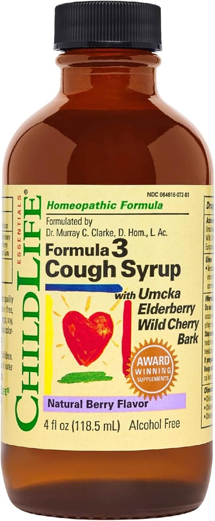 CHILDLIFE Essentials Formula 3 Kids Cough Syrup - Laste köha ravim lastele 2-11, Umcka, Elderberry & Wild Cherry Bark, Gluteenivaba - Natural Berry, 4 Fl Oz