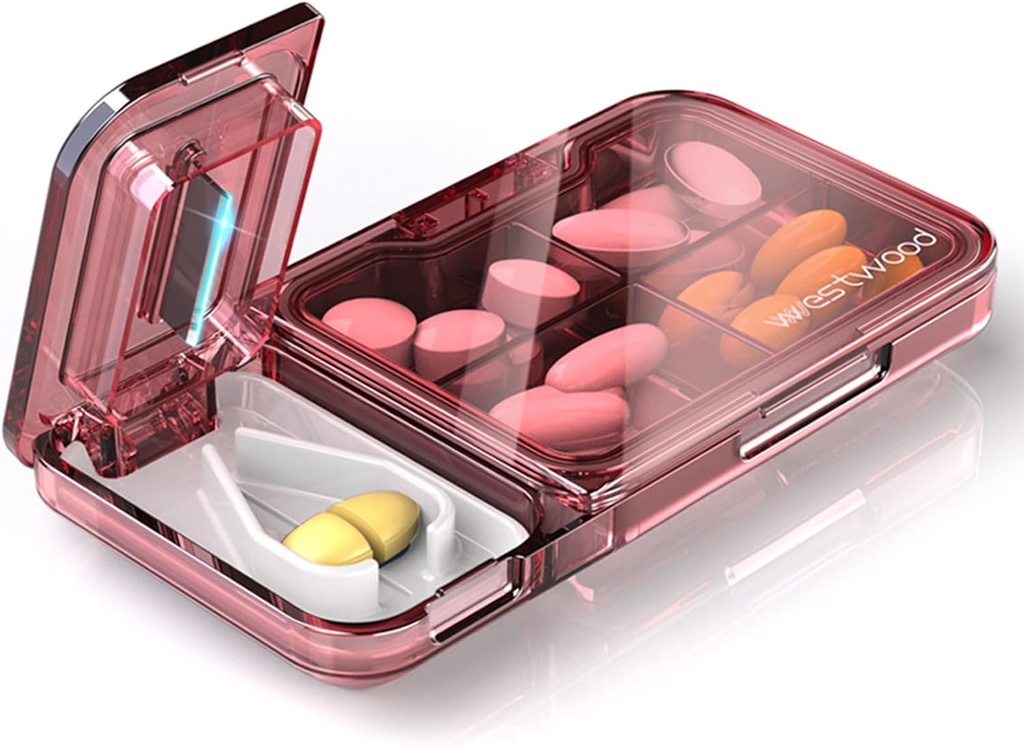 Travel Pill Korraldaja pillide lõikamine Splitter, 4 osakesed Pill Case, väike Pill Box tasku rahakott, Daily Pill Container hoida Vitamiinid Cod Maksaõli Supplements, Medicine Planner (Pink)
