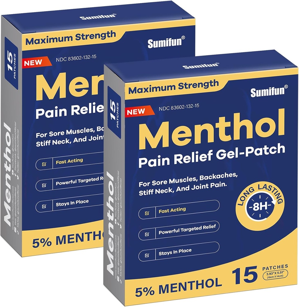 Sumifun 5% Menthol Pain Relief Patches - 30 Count Pain Patches for Neck,Shoulder, Elbow, Knee & Back Pain Relief - Lower Back Pain Relief Products - Menthol Maximum Strength Pain Relief Patches