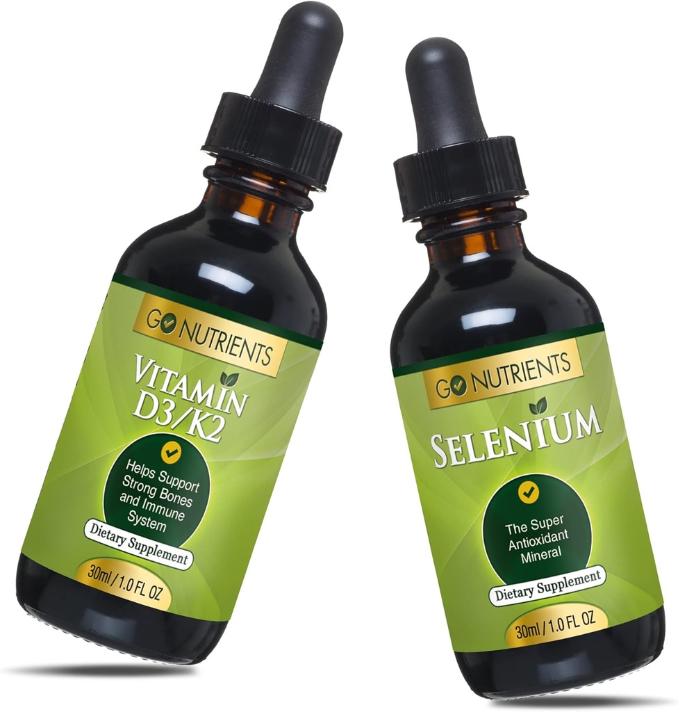 Go Toitained Vedel D3-vitamiin K2-ga (MK-7) Tilgab 1oz & Selenium 200 mcg Täiendus 1.0 oz| | Vitamiin D3 ja K2 | Toidulisandid mineraalseleeniga Vedel ja puhastatud vesi