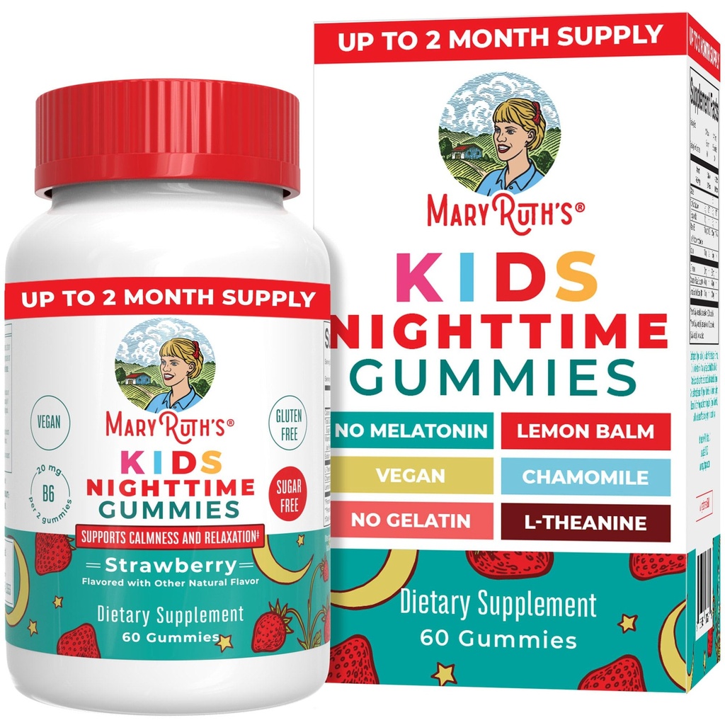 MaryRuth Organics Kids Nighttime Gummies | Sugar Free | NO melatoniini L Theanine, Sidrun Balm, Kummel, Vitamiin B6 | Lõõgastustoetus lastele 2+ | Vegan | Mitte-GMO | Gluteenivaba | 60 Count