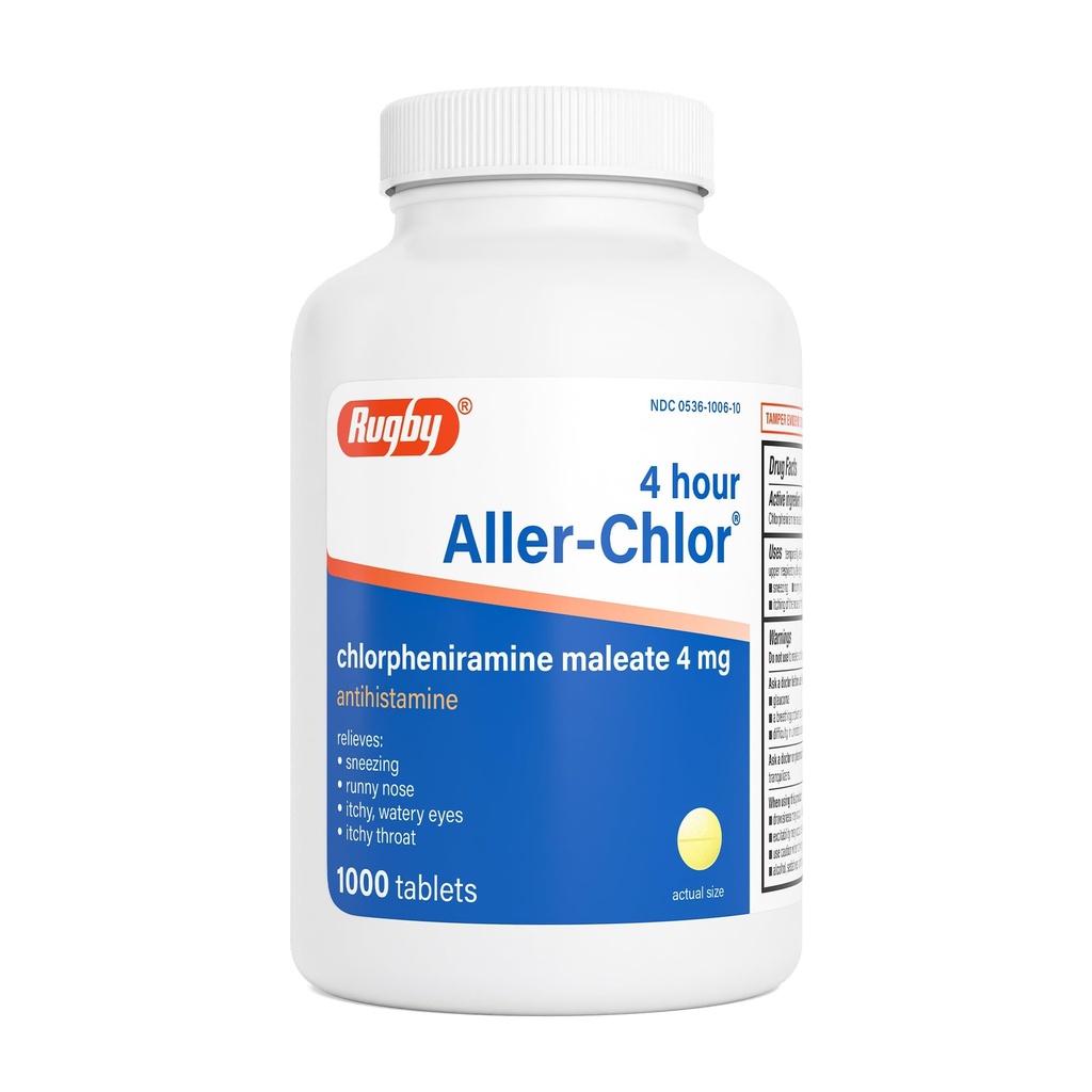 Ragby 4 Hour Aller-chlor - Chlorfeniramine Maleate 4 mg - Antihistamiin - 1000 tabletti (1 pakend)