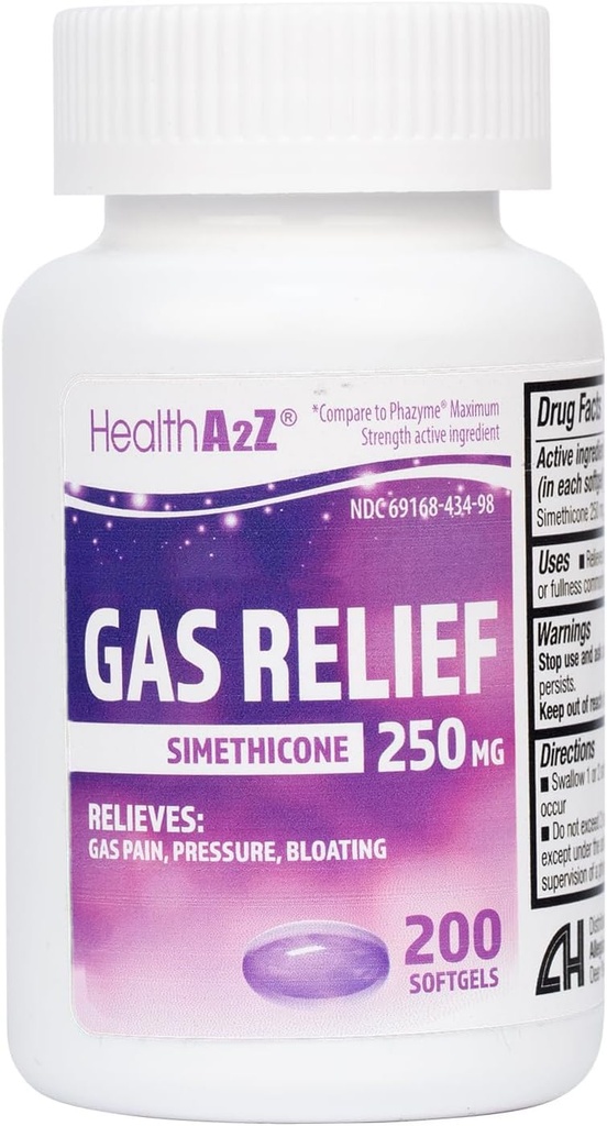 HealthA2Z® Gas Relief Simethicone 250mg | Fast Gas Relief | Leevendada sümptomeid loomulikult (200 Softgels (pakk 1))