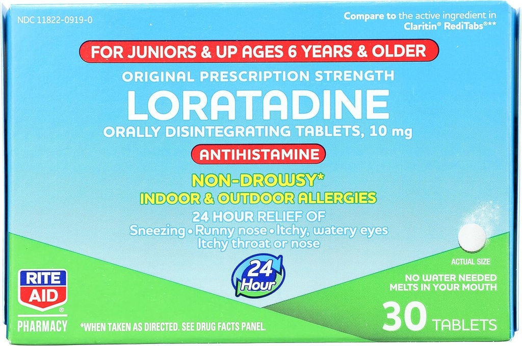 Rite Aid Kid's Non-Drowsy Allergy Relief, Loratadine 10mg, Rahapaja maitse - 30 tabletti | Suuliselt lagunevad tabletid | vanuses 6 ja vanemad