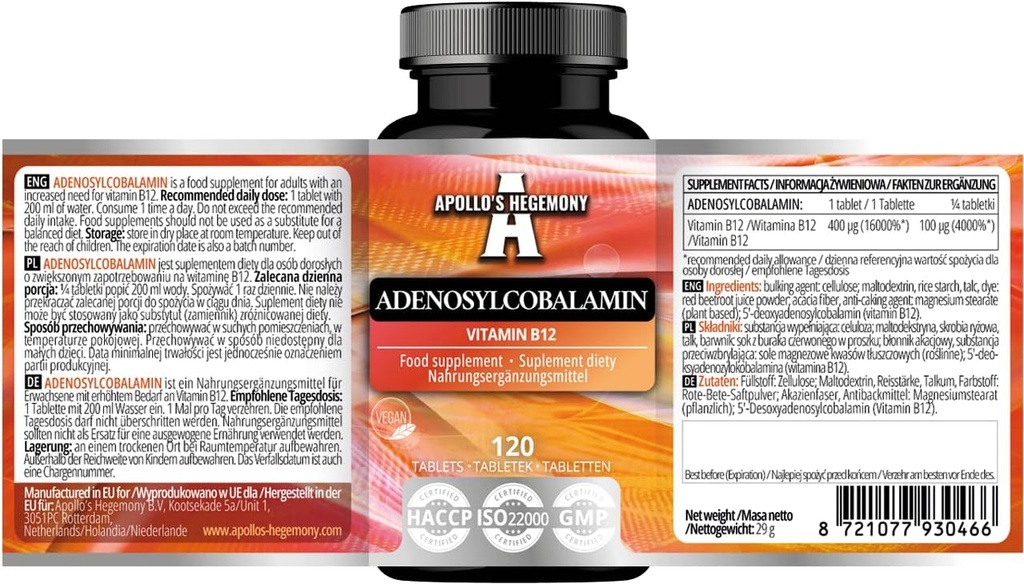 APOLLO HEGEMONY Adenosüülkobalamiin 120 tabletti - optimaalne biosaadav vitamiin B12 täiustatud energia metabolismiks - 480 serveerimist - toidulisand