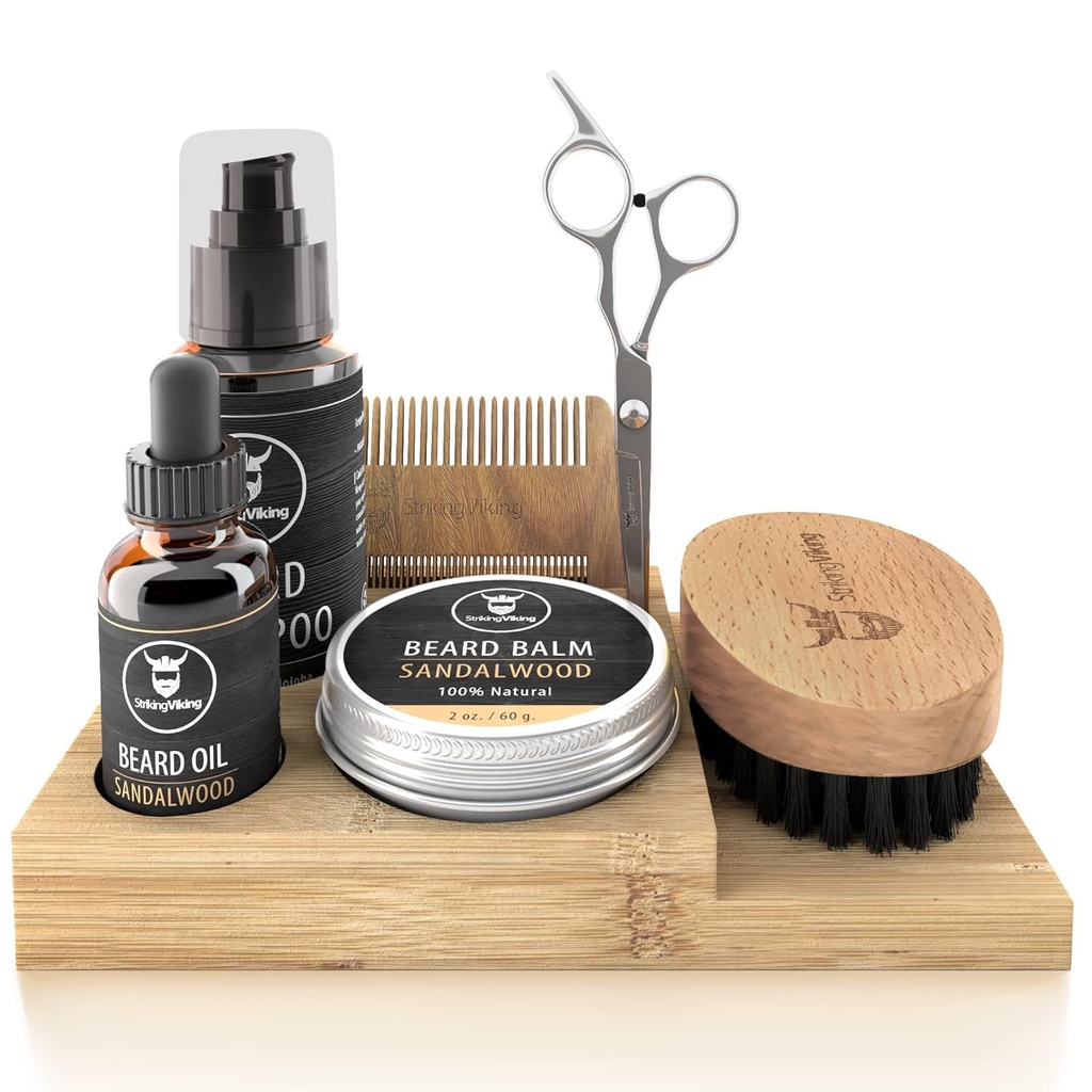 Viking Bear Growth Kit - 7-Piece Set, Sandalwood Scent & Caddy - Oil & Balm with Beard Brush, Dual-Sided Comb & Scissors plus Mustache Comb for Grooming & Styling