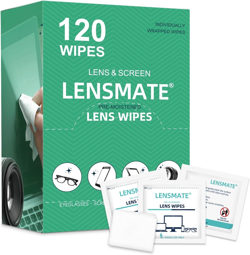 Lensmate 120 Count läätsed prillide jaoks, eelnevalt niisutatud ja individuaalselt pakitud prillide pühkimine, läätsede puhastamine prillide, päikeseprillide, kaitseprillide ja kaamera läätsede jaoks