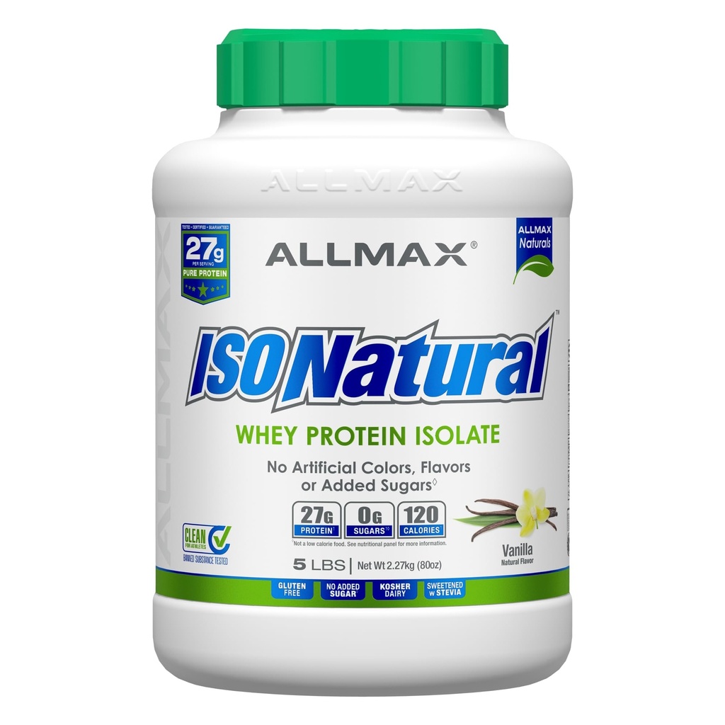 ALLMAX Nutrition ISONATURAL Vadakuvalgu isolaat, vanilje - 5 naela - 27 grammi valku Scoopi kohta - nullrasva ja suhkrut - 99% laktoosivaba - prebiootikumidega - kunstlikke maitseid pole - 73 serveerimist