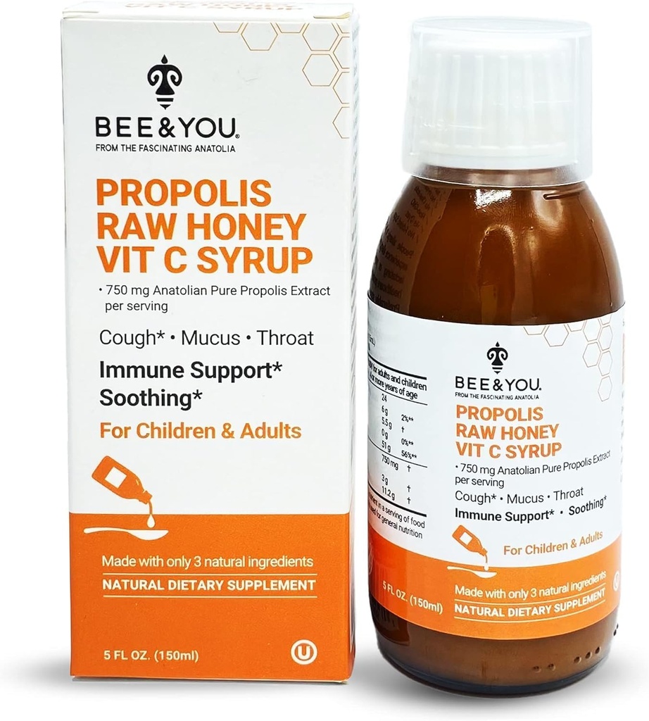 BEE ja You Propolis Extract Cough Syrup w / Vitamiin C, rahustav mesi, looduslik immuuntoetus, valulik kurgu leevendamine, antioksüdandid, lastele ja täiskasvanutele, 5 Fl Oz, meestele ja naistele