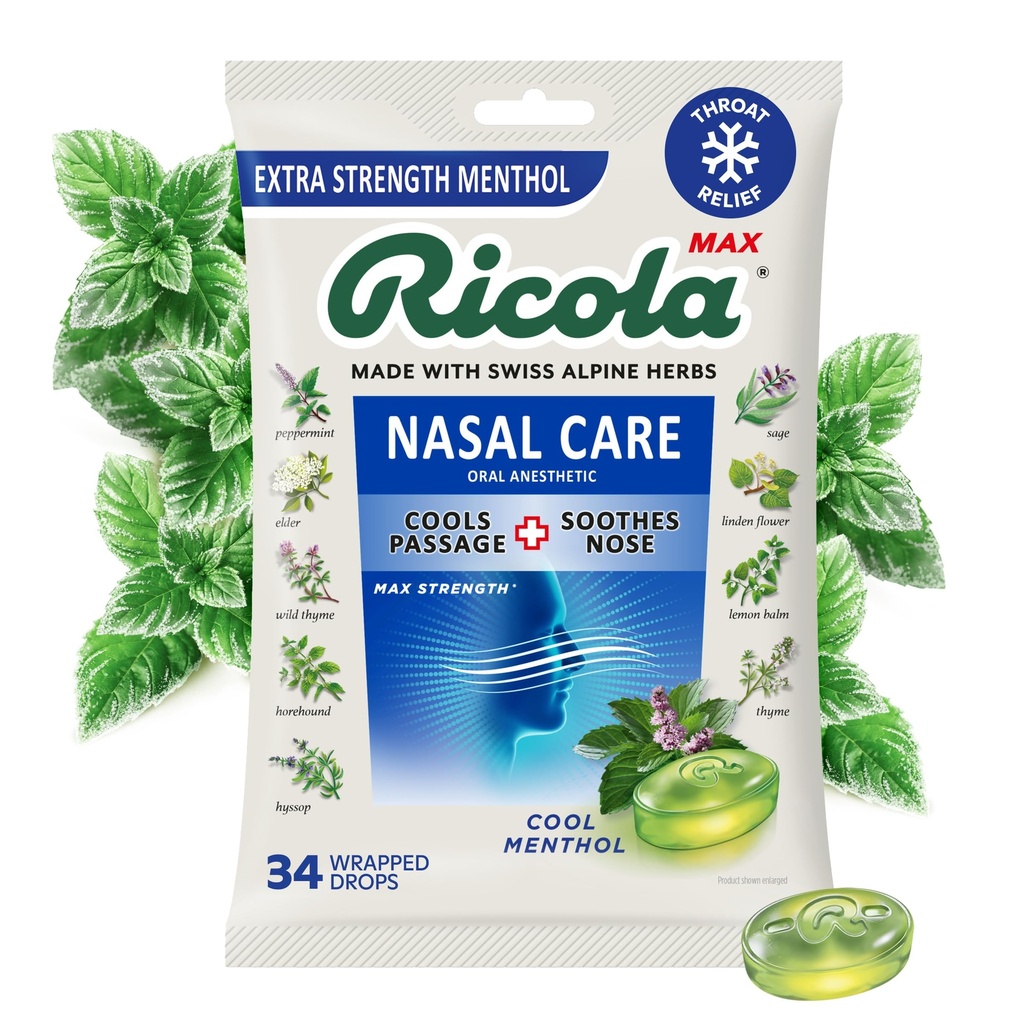 Ricola Max Cool Menthol Nasal Care Suur kott | Köha supressant tilgad | Dual Action Vedelik Center | Rahustav Pikaajaline leevendus - 34 loend (pakk 1)