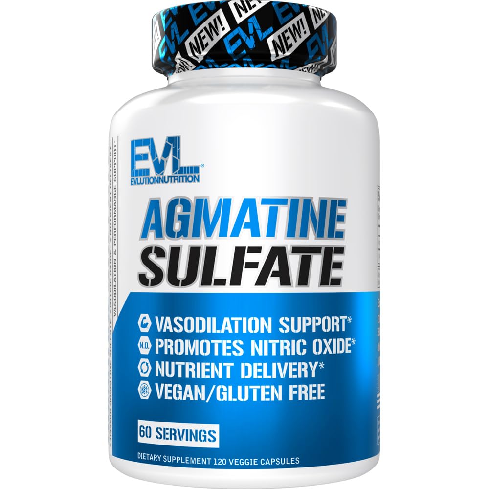 Evlution Nutrition Agmatine Sulfate Lämmastikoksiidi kapslid - kõrge tugevusega Agmatiin Sulfate Lämmastikoksiidi täiendus kõrge intensiivsusega pumbad Lihaskasvu taastamine ja jõudlus - 60 Servings