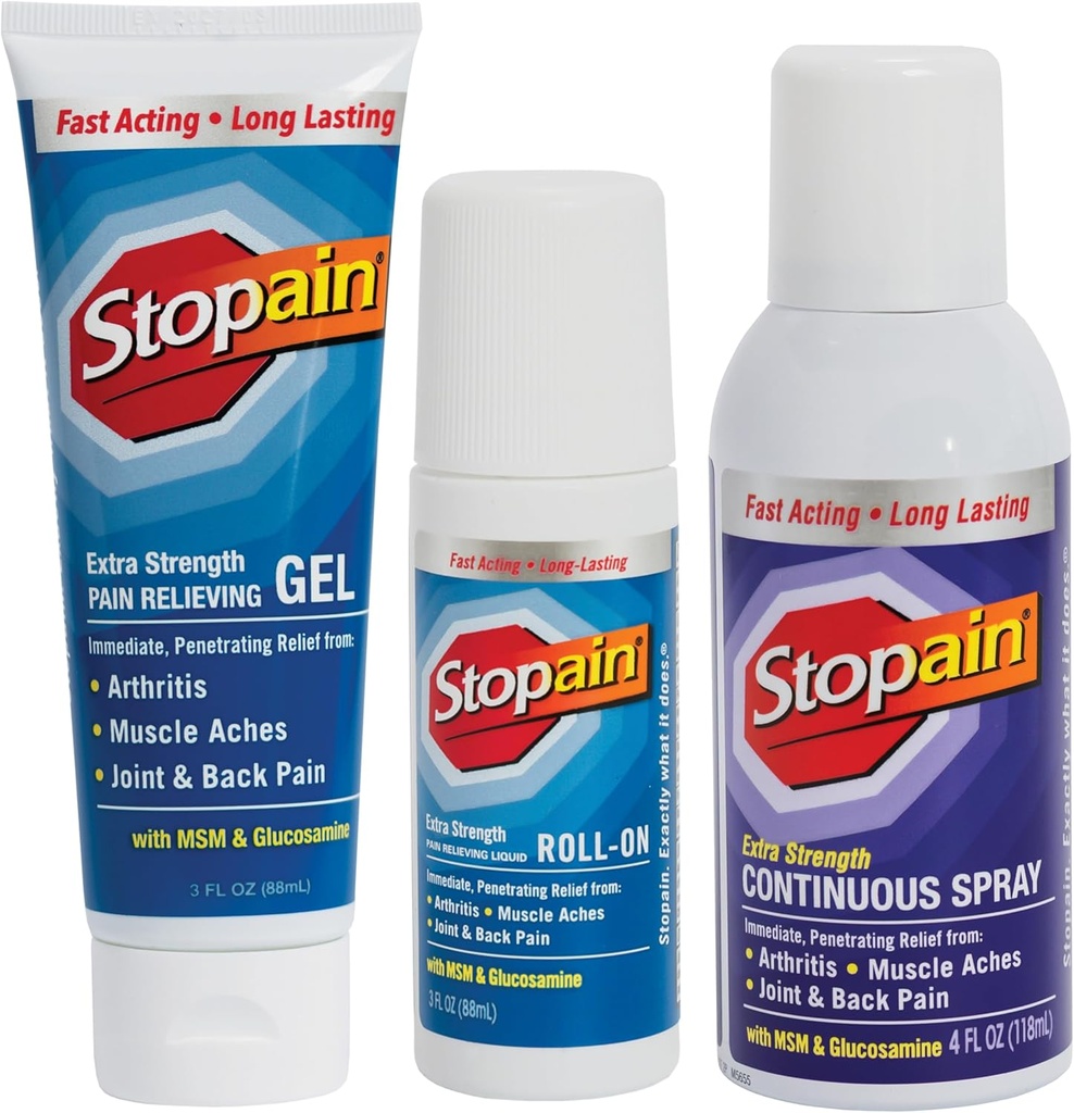 Stopain Pain Relief Combo Set (Gel, Roll On, Spray) USA Made, Max Tugevus Kiire tegutsemine MSM, Glükosamiin, Mentool Alam-Selja, Põlve, Neck HSA FSA Topical Analgeic Products
