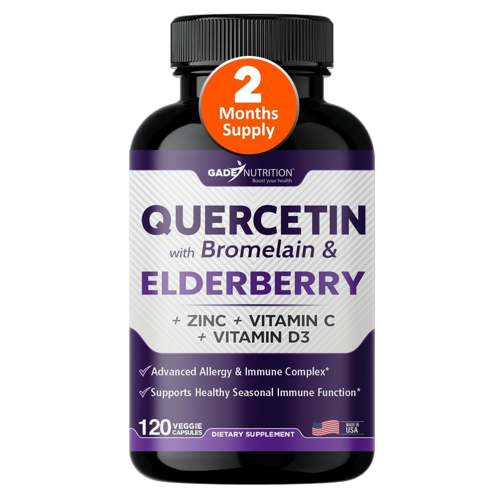 Gade Nutrition Quercetin Bromelain & Elderberry | Quercetin koos C-vitamiini ja tsink | Tsink Quercetin 500mg koos D3-vitamiiniga | Daily Immune Support Supplement - 2 kuud pakkumine