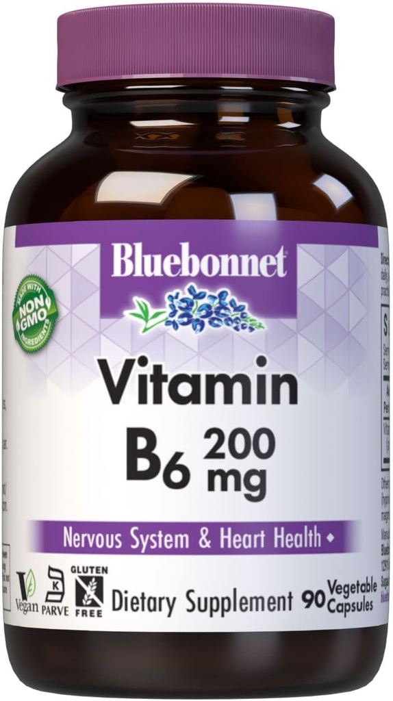 Bluebonnet Nutrition Vitamiin B6 köögiviljakapslid, 200 mg, südame-veresoonkonna ja närvisüsteemi tervise jaoks, sojavaba, gluteenivaba, Kosher, piimavaba, vegan, mitte-GMO, 90 köögiviljakapslit, 90 serveerimist