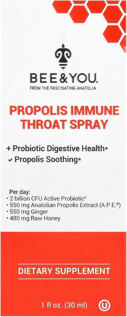 Mesilane ja sina Propolis ja probiootiline kurgupihustus ingveriga, immuuntoetus, seedetrakti tervis, antioksüdandid, Keto, Paleo, Gluteenivaba, 1 Fl oz