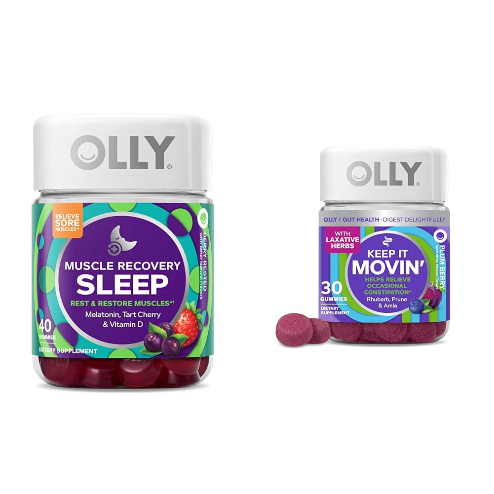 OLLY Lihaste taastumine Sleep Gummies melatoniini, Tart Cherry & D-vitamiini, kõhukinnisus Relief Gummies koos Rhubarb, Prunes & Amla - 40 & 30 Count