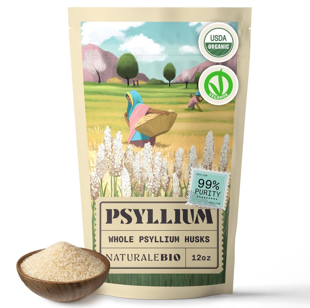 NaturaleBio Terve Psyllium Husk. 12 oz. 99% Puhas Psyllium Seed Husks. Looduslik kiudainelisand. USDA Organic Certified. Toodetud Indias. Gluteenivaba, Keto, Paleo, Vegan Dieet. Probiootikumid