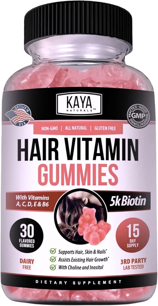 Kaya Naturals Hair Growth Gummies - Biotin 5000mcg vitamiinid terved juuksed, nahk ja küüned - Ilu täiendus naistele või meestele - 30 Count - mustikamaitse