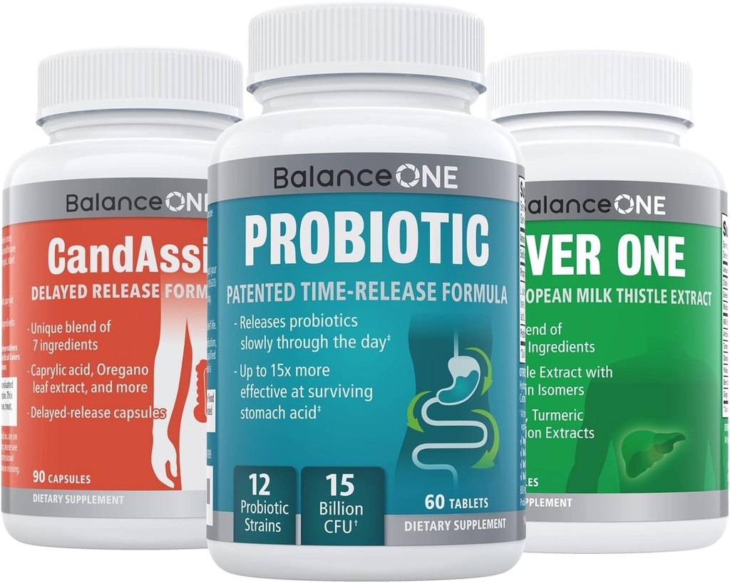 Balance One 2 Month Kit | Probiootikum, CandAssist, Maksa Üks | 15 miljardit CFU Probiootikum | Looduslik puhastamine kaprüülhappega | Maksatoetus piimaohakaga
