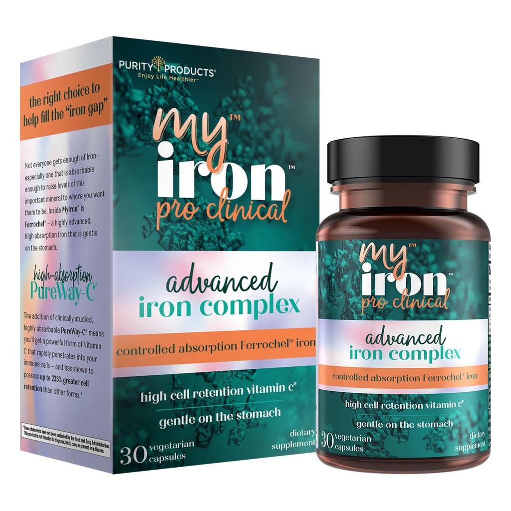 MyIron Proclinical by Purity Products - Raud (raudne bisglütsinaat Chelelate) + C-vitamiin (PureWay-C) - õrn kõhul - kontrollitud imendumine - soodustab tervislikke punaseid vereliblesid - 30 loend (1)