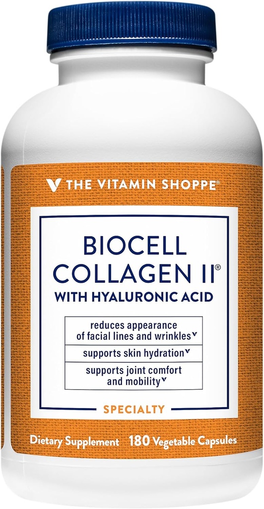 Vitamiin Shoppe Biocell Collagen II hüaluroonhappega 1000mg - soodustab tervislikku nahka, liigeseid ja kõhre - toetab hüdratsiooni ja elastsust - igapäevaseks heaoluks (60 köögiviljakapslit)
