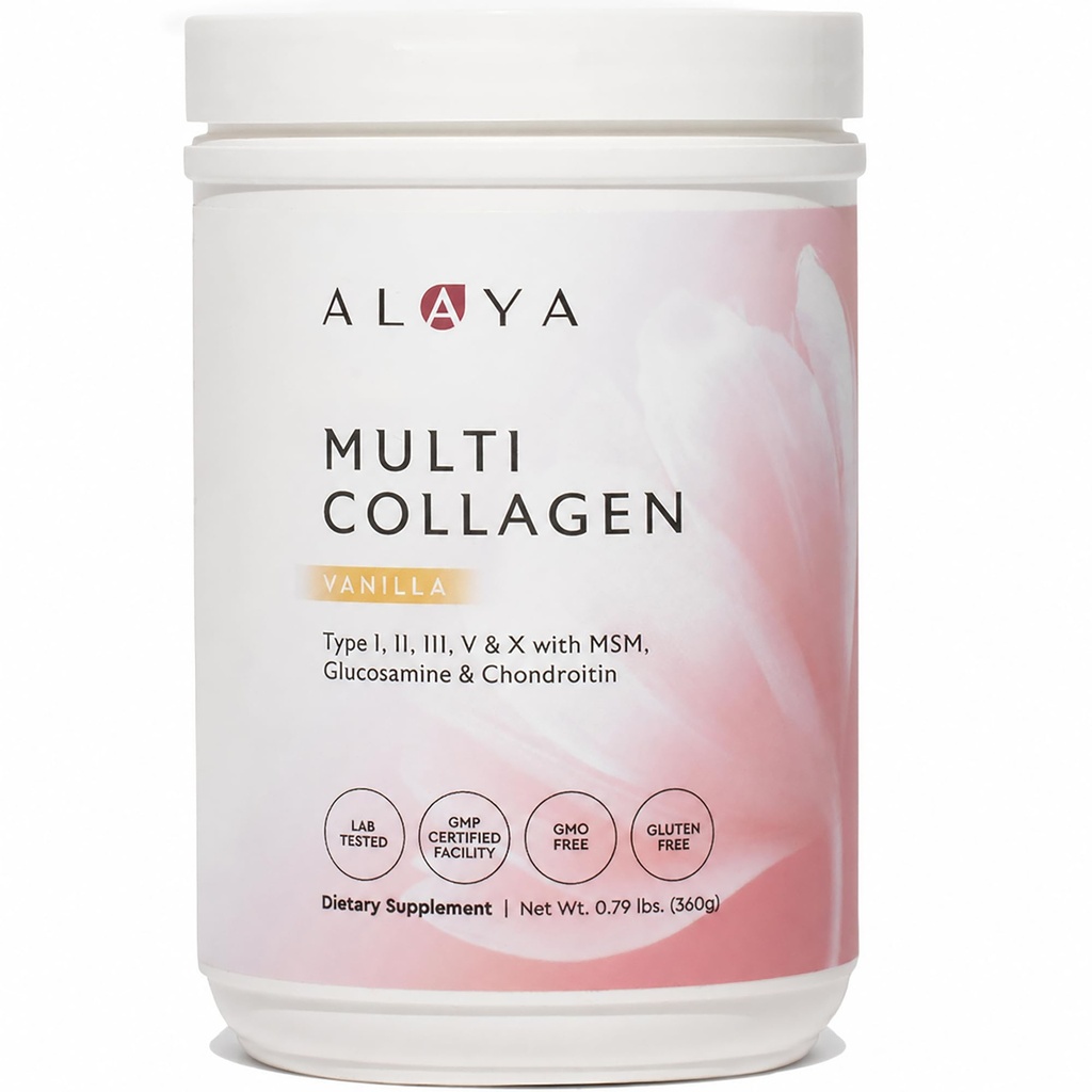 Alaya Multi kollageeni pulber - tüüp I, II, III, V, X Hüdrolüüsitud kollageenpeptiidid Proteiin Pulber Lisa MSM + GC (Vanilla)