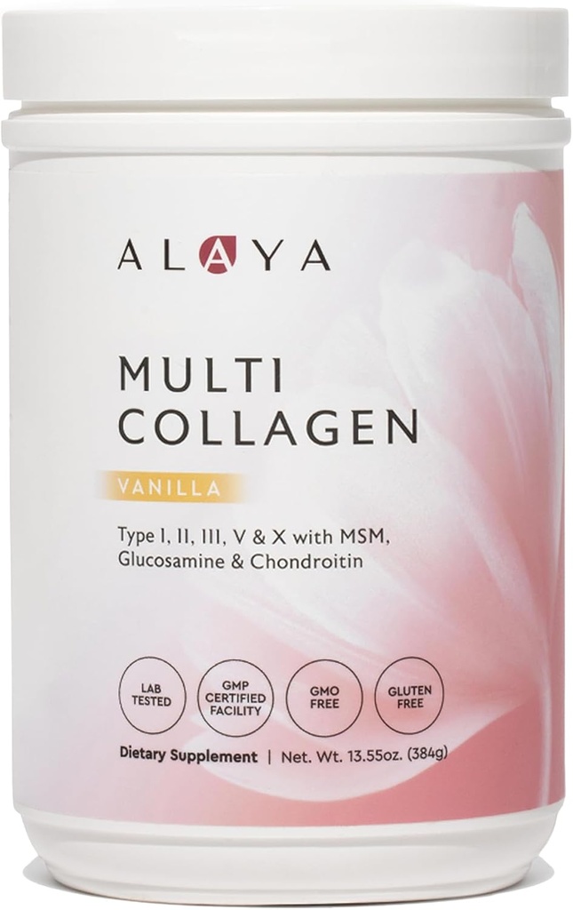 Alaya Multi kollageeni pulber - tüüp I, II, III, V, X Hüdrolüüsitud kollageenpeptiidid Proteiin Pulber Lisa MSM + GC (Vanilla)