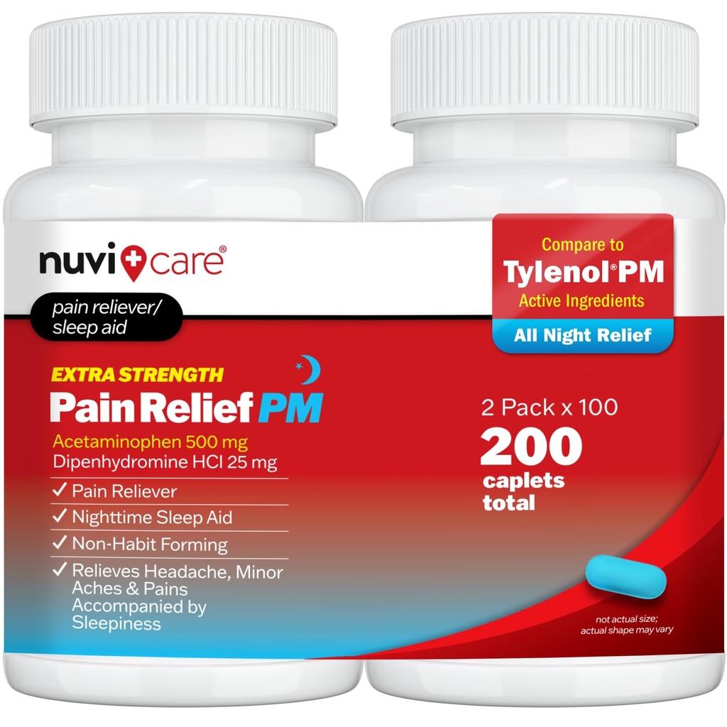 Täiendav tugevus Valu leevendamine PM - atsetaminofeen 500mg ja difenhüdramiin 25mg - Võrreldes Tylenol PM Extra Strength Sleep Aid - Adult PM Pain Reliever öösel valud ja valud (100 tabletti)