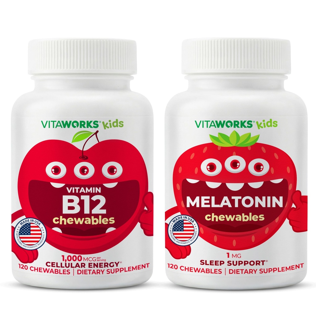 Lapsed Vitamiin B12 närimistabletid + melatoniin 1mg närimistabletid