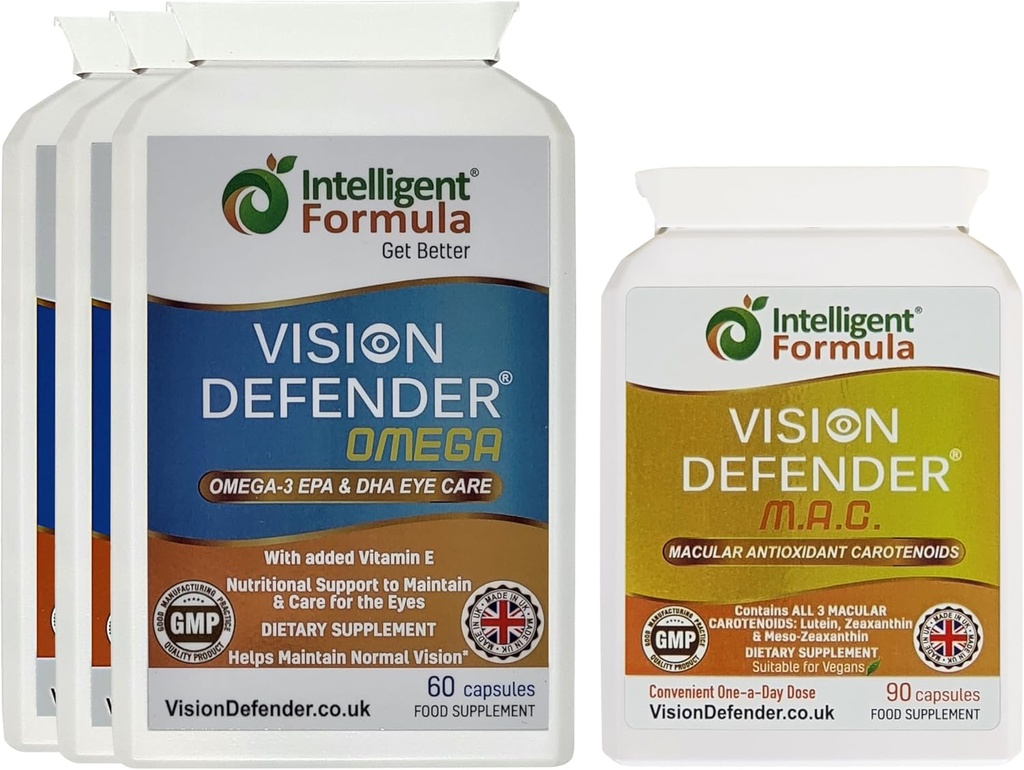 Vision Defender MAC & Omega Everyday General Eye-Health Bundle (90 päeva pakkumine). Silma vitamiinide täiendus sisaldab karotenoide Luteiini, Zeaksantiini, Omega-3 (DHA, EPA). Toodetud Ühendkuningriigis silmaspetsialistide poolt