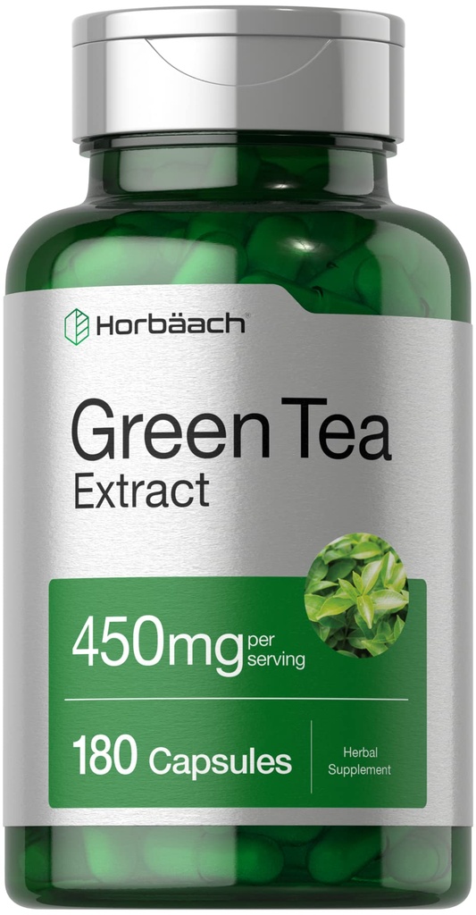Horbäach Green Tea Extract kapslid 450mg | 180 Count | Taimne täiendus | Mitte-GMO ja Gluteenivaba