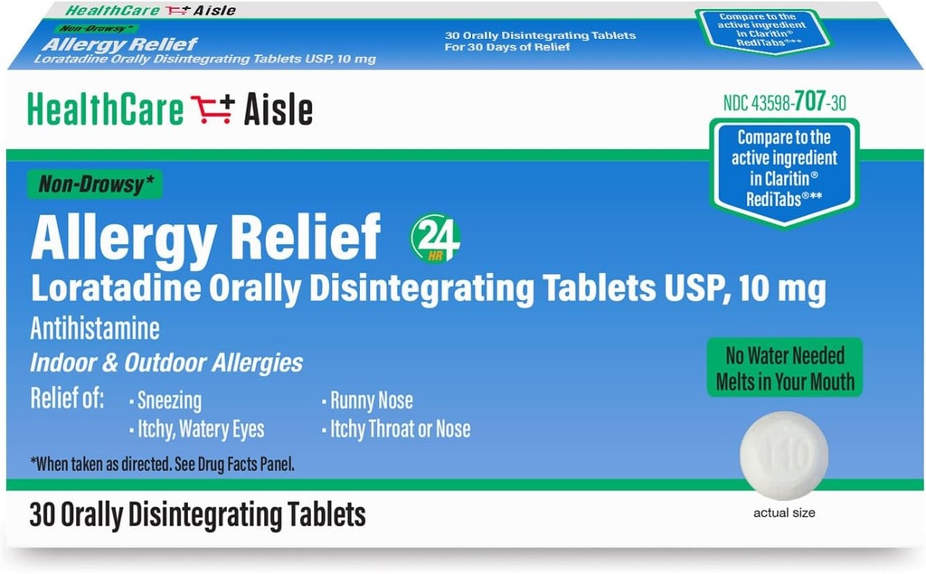 HealthCareAisle allergia leevendamine - Loratadiin 10 mg suukaudselt lagunevad tabletid USP - 30 tabletti - originaalretsepti tugevus Allergiaravim, 24-tunnine leevendus