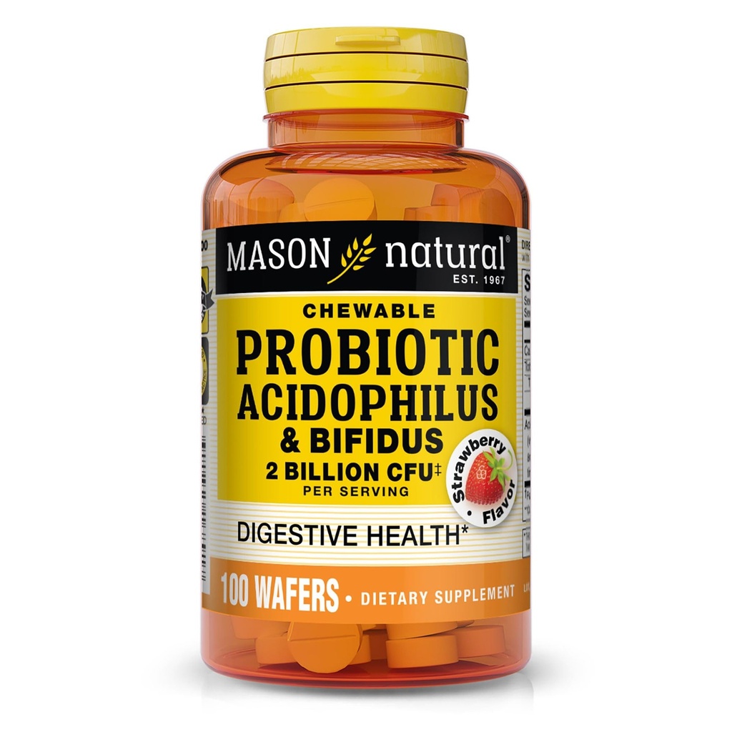 MASON NATURAL probiootiline Acidophilus koos Bifidus, 50 päeva pakkumine, toetab tervislikku normaalset seedimist, maasikamaitse, 100 närimisplaati