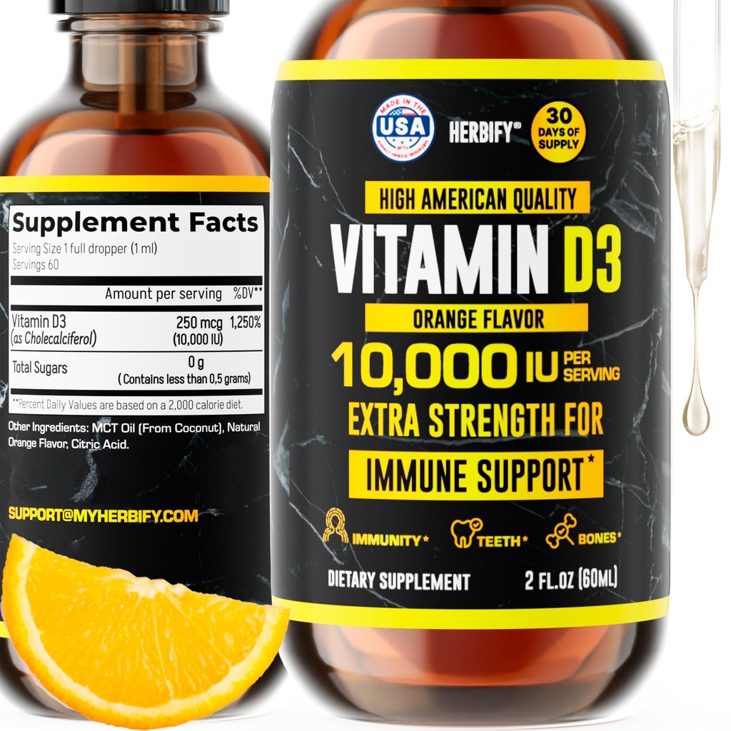 HERBIFY Vitamiin D3 10000 RÜ - valmistatud USA-s Vedel D-vitamiini tilgad - Luu tugevus ja immuunsuse tugilisand - päikesepaiste asendamine - D3 Vitamiin Luu ja hammaste lisa - 2 Oz