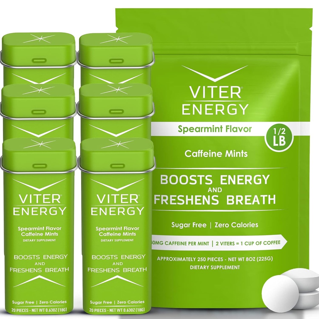Viter Energy Original Caffeine Mints Spearmint Flavor 6 Pack ja 1/2 naela Bulk Bag Bundle - 40mg Kofeiin, B-vitamiinid, Suhkruvaba, Vegan, Võimas energia suurendaja fookus ja häire