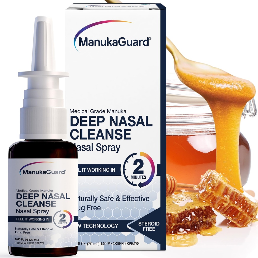 ManukaGuard Medical Grade Manuka Honey Natural Nasal Spray koos soolalahusega ummikute toetamiseks, Sinus ja allergia leevendamiseks, Nina niisutamine, Uus-Meremaa Honey, MGO 600, 0,65 fl oz pudel