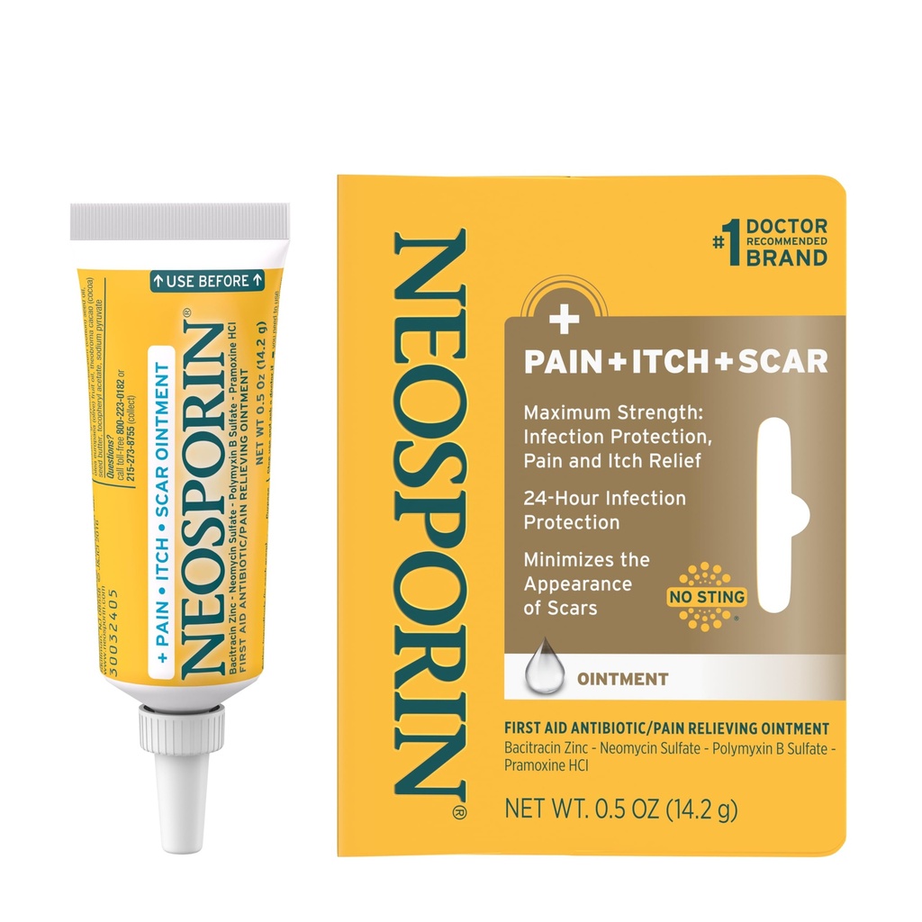 Neosporiin Antibiootikum Valu leevendav, Anti-Itch, & Scar Välimus Minimizer salv Neomycin & Bacitracin Zinc, 24-tunnine infektsioonikaitse väiksemate kärbete, Scrapes & Burns,.5 oz