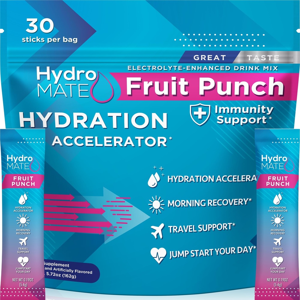 HüdroMATE Elektrolüüt Pulber Puuvilja Punch hüdraat pakendid Madal suhkur 30 Count