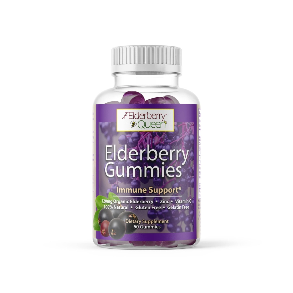 Elderberry Queen Organic Elderberry Gummies 60 ct - Immune Support Gummies koos C-vitamiini ja tsink - Elderberry Vitamin Gummies täiskasvanutele ja lastele