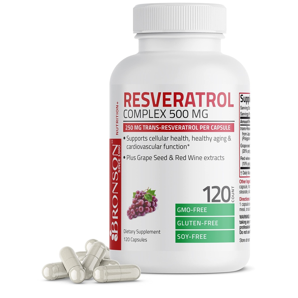 Bronson Resveratrol 500 Complex Standardized Trans- Resveratrol + Viinamarjaseemnete ja punase veini ekstrakt, 120 kapslit