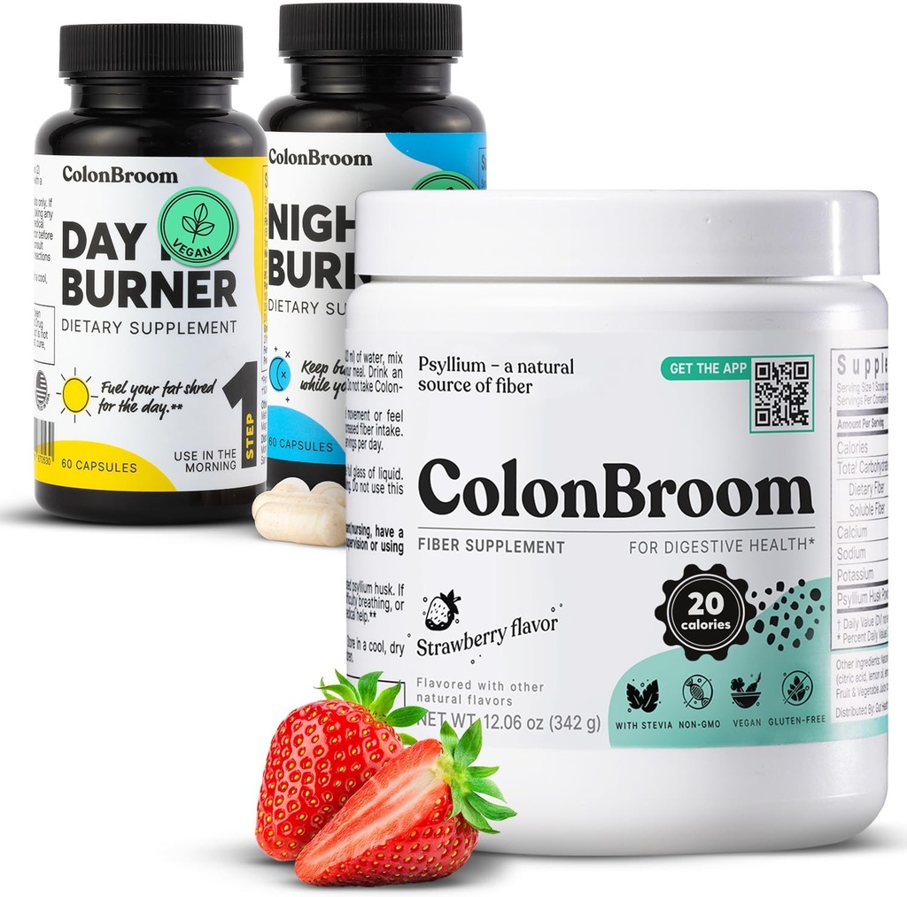 ColonBroom Psyllium Husk Powder, Colon Broom Colon Cleanser Fiber Supplement puhumine Relief & Soolestiku Tervis + Day & Night Põletaja Toidulisandid, Kaalujuhtimise Pillid (60 Servings), 3 Eset