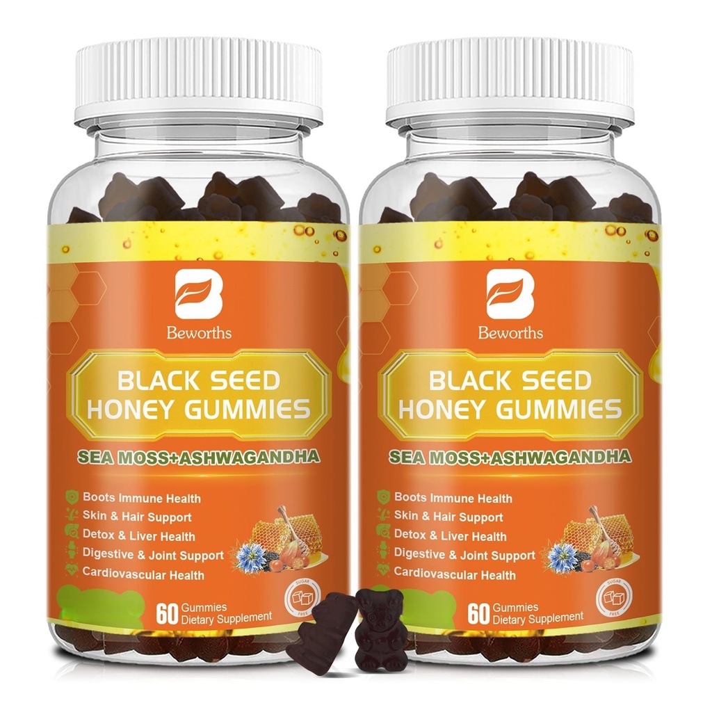 (2 Pack) Black Seed Oil Sea Sammal Gummies Ashwagandha, Burdock Root, Linden Honey, Elderberry, Kurkum, Vitamiin C, D3 & Tsink - toetab immuunsust, liigesed, seedimine, juuksed ja nahk, Vegan Gummies 120